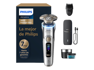 Afeitadora - Philips i9000 Prestige Ultra XP9404/46, SkinIQ Pro, Levanta y Corta, 5 modos, 60 min, Moldeador Barba, Cargador UV, 7 años, Plateado