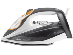 Plancha de vapor - Ufesa Titanium 3100, Golpe 240 g/min, 320 ml, Sistema antical 3 en 1, 3100W, Naranja, Blanco y Gris