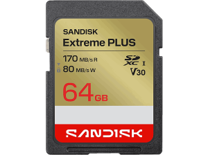 Tarjeta SD - SANDISK Extreme Plus, 64 GB, Vídeo 4k UHD, Hasta 170 MB/s lectura, U3, V30, C10, UHS-I, Oro