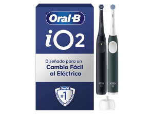 Cepillo eléctrico - Oral-B iO 2, Pack dúo, 2 recambios, 3 modos, Temporizador, Sensor de presión, Diseñados por Braun, Negro y Verde Bosque