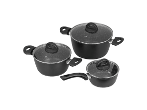 Batería de cocina - Jata Hogar BC3, 2 cazuelas y 1 cazo con tapas, Antiadherente