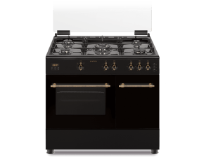 Cocina - Infiniton CCRST90EPH, 3100W, 90 cm, 5 zonas, Hierro fundido + Horno, Gas natural, 59 L, Grill, Negro