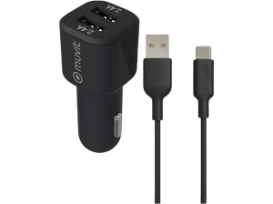 Cargador USB para coche - Muvit For Change MCPAK0052, 2x USB-A, Universal, 1.2m, Negro + Cable USB-C a USB-A