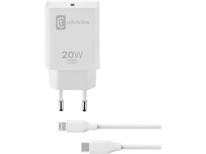 Cargador móvil - CellularLine Charger Kit, 20 W, para Apple iPhone y iPad, Cable USB C a Lightning, 100 cm, Blanco