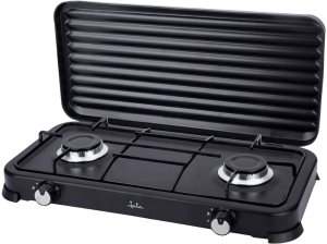 Cocina de gas - Jata JECG2702, 2 zonas, Para gases licuados propano y butano, Portátil, Tapa, 59.5 cm, Negro