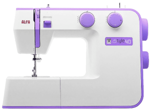 Máquina de coser - Alfa Style 40, 31 Puntadas, Luz LED, 6 filas dientes, 70W, Blanco y Lila