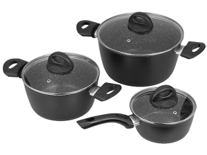 Batería de cocina - Jata Hogar BC3, 2 cazuelas y 1 cazo con tapas, Antiadherente