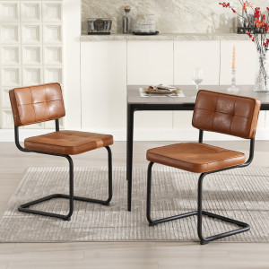 17 Stories Aveon 49cm H Mid-Century Modern Tufted Faux Leather Side Dining Chair with Steel Frame(Set of 2) Brown 81.3cm H X 49cm W X 54.6cm D