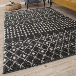 THE RUGS Moroccan Shaggy Collection Rugs Tangier Design in Dark Grey/Ivory Dark Grey/Ivory Rectangle 120 x 170 cm