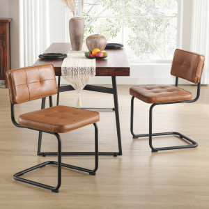 17 Stories Aveon 49cm H Mid-Century Modern Tufted Faux Leather Side Dining Chair with Steel Frame(Set of 2) Brown 81.3cm H X 49cm W X 54.6cm D