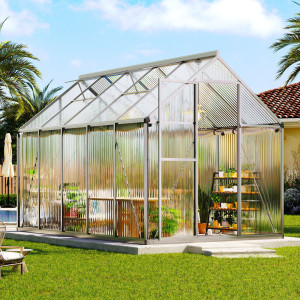 LUXOAK Walk-In Polycarbonate Greenhouse for Outdoors, Heavy-Duty Aluminum Frame with 2 Roof Vents and Swing Door Clear 181 x 303 x 195 cm
