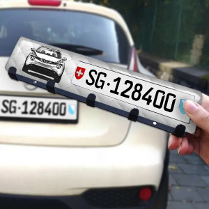Luxus Schlüsselbrett schwarz gepulvert Weißleder mit deinem Automodell und Kennzeichen! Schlüsselboard personalisiert Auto - auto4style