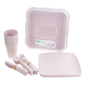 HOB031289 ZESTAW PIKNIKOWY TURYSTYCZNY 32 ELEMENTY KUBKI SZTUĆCE POJEMNIK