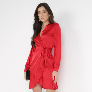 Czerwona Sukienka Lasthine, czerwony, tkanina, Born2be, damski, zimowy, rozmiar M