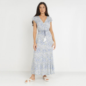Rochie Alb-Albastră cu șnur Cillereia, albastru, material țesut, Born2be, femei, vară, mărimea S