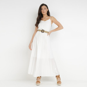 Rochie albă cu centură Chrysaleia, alb, material țesut, Born2be, femei, vară, mărimea S