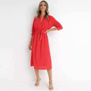 Czerwona Sukienka Rheniolea, czerwony, tkanina, Born2be, damski, letni, rozmiar ONE SIZE
