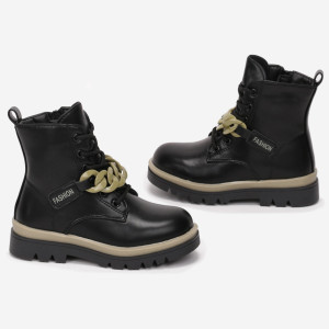 Czarno-Zielone Botki Workery z Łańcuchem Helippe, czarny, imitacja skóry, Born2be, dziewczęce, zimowy, rozmiar 27