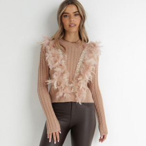 Beżowy Sweter z Piórami Beliita, beżowy, Born2be, damski, zimowy, rozmiar ONE SIZE