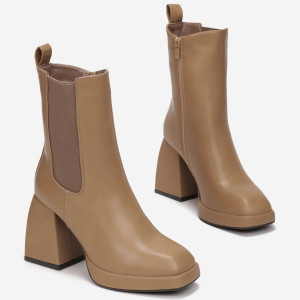 Botine Bej închis cu platformă și toc gros Euodia, bej, imitație de piele, Born2be, femei, iarnă, mărimea 37