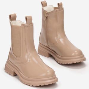 Botine Bej Chelsea Orpah, bej, imitație de piele lăcuită, Born2be, fetişcană, iarnă, mărimea 32