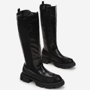 Cizme Negre pe Talpă Groasă cu Imprimeu Piele de Crocodil Ilgoci, negru, imitație de piele, Born2be, femei, iarnă, mărimea 36