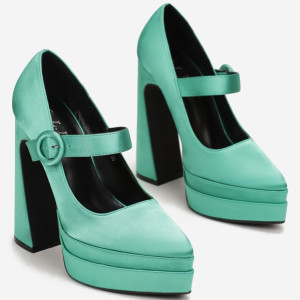 Pantofi cu toc Verzi din satin cu toc gros înalt și platformă Vinge, verde, satin, Born2be, femei, de tranziție, mărimea 37