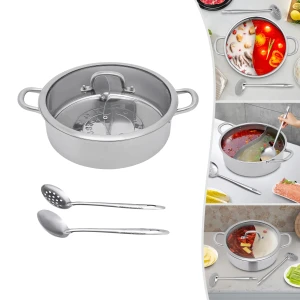 Shabu Shabu Hot Pot - Delt Gryde - 32 cm - 304 Rustfrit Stål - 2 Rum - Glaslåg - 2 Suppeskeer - Induktion & Gas - Lysegrå