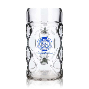 Gold Ochsen Bier Glas 1l Krug Blaues Logo