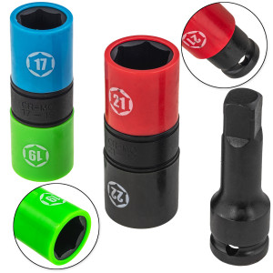ZESTAW NASADKI UDAROWE DWUSTRONNE DO KÓŁ FELG ALU 17-22 mm + PRZEDŁUŻKA 1/2