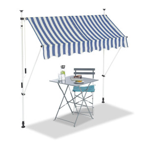 Bc-elec - HHYVA2012-Bluewhite Auvent rétractable manuel store banne marquise pour patio & terrasse 200x120cm blanc et bleu
