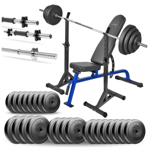 PRO Zestaw do ćwiczeń siłowych 134kg. Siłownia domowa z ławką treningową TB1054, stojakami, sztangą / gryfem prostym 180 cm, obciążeniem 90kg i 