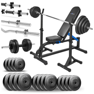 PRO Zestaw do ćwiczeń siłowych 125kg. Siłownia domowa z ławką treningową TB1001, stojakami wolnostojącymi, sztangą / gryfem prostym 180 cm, lekko 