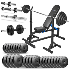 PRO Zestaw do ćwiczeń 135kg z ławką treningową TB1001, stojakami wolnostojącymi, sztangą / gryfem prostym 180 cm, obciążeniem 90 kg i hantlami