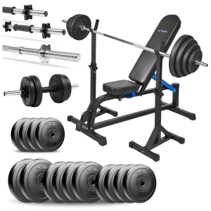 PRO Zestaw do ćwiczeń siłowych 100kg. Siłownia domowa z ławką treningową TB1001, stojakami wolnostojącymi, sztangą / gryfem prostym 180 cm, 