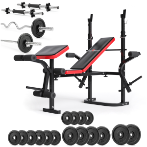 Zestaw do ćwiczeń 96kg z ławką treningową PH 2132, sztangą / gryfem prostym 180 cm, 120cm mocno łamanym, nakładem talerzy żeliwnych 60 kg i hantlami