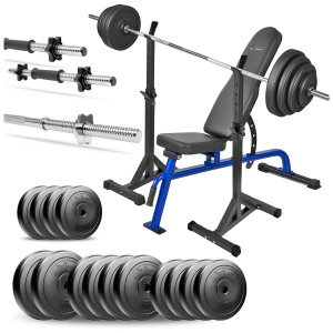 PRO Zestaw do ćwiczeń siłowych 99kg. Siłownia domowa z ławką treningową TB1054, stojakami, sztangą / gryfem prostym 180 cm, obciążeniem 55kg i 