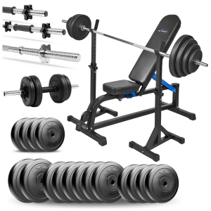 PRO Zestaw do ćwiczeń 110kg z ławką treningową TB1001, stojakami wolnostojącymi, sztangą / gryfem prostym 180 cm, obciążeniem 65 kg i hantlami
