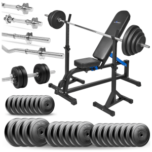 PRO Zestaw do ćwiczeń siłowych 154kg. Siłownia domowa z ławką treningową TB1001, stojakami wolnostojącymi, sztangą / gryfem prostym 180 cm, lekko 