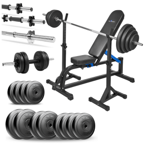 PRO Zestaw do ćwiczeń 90kg z ławką treningową TB1001, stojakami wolnostojącymi, sztangą / gryfem prostym 180 cm, obciążeniem 45 kg i hantlami