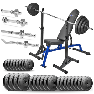 PRO Zestaw do ćwiczeń siłowych 153kg. Siłownia domowa z ławką treningową TB1054, stojakami, sztangą / gryfem prostym 180 cm, lekko łamanym 120 cm, 