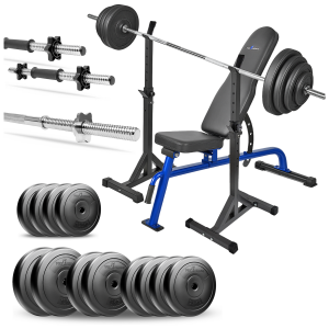 PRO Zestaw do ćwiczeń siłowych 89kg. Siłownia domowa z ławką treningową TB1054, stojakami, sztangą / gryfem prostym 180 cm, obciążeniem 45kg i 