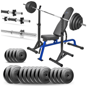 PRO Zestaw do ćwiczeń siłowych 109kg. Siłownia domowa z ławką treningową TB1054, stojakami, sztangą / gryfem prostym 180 cm, obciążeniem 65kg i 