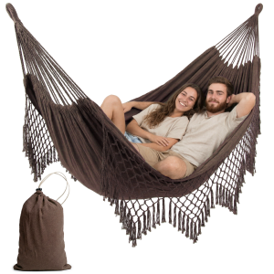 Hamak ogrodowy dwuosobowy duży brązowy boho do ogrodu tarasu