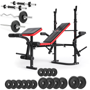 Zestaw do ćwiczeń 96kg z ławką treningową PH 2132, sztangą / gryfem prostym 180 cm, gryfem 120 cm łamanym, nakładem talerzy żeliwnych 60 kg i hantla