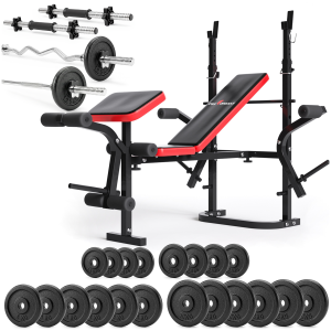 Zestaw do ćwiczeń 141kg z ławką treningową PH 2132 sztangą 180 cm, gryfem 120 cm łamanym, obciążeniem żeliwnym 105 kg i hantlami