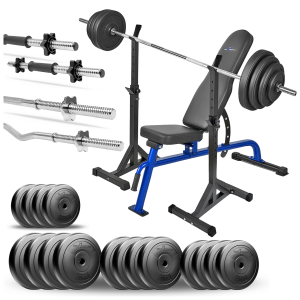 PRO Zestaw do ćwiczeń siłowych 124kg. Siłownia domowa z ławką treningową TB1054, stojakami, sztangą / gryfem prostym 180 cm, lekko łamanym 120 cm, 