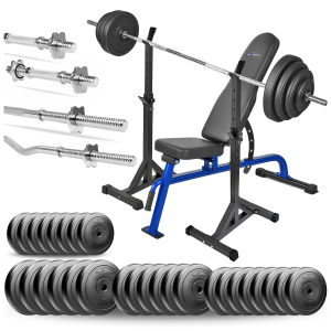 PRO Zestaw do ćwiczeń siłowych 173kg. Siłownia domowa z ławką treningową TB1054, stojakami, sztangą / gryfem prostym 180 cm, lekko łamanym 120 cm, 