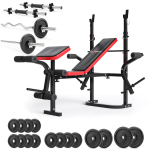 Zestaw do ćwiczeń 91kg z ławką PH 2132 sztangą 180 cm, gryfem 120 cm łamanym, obciążeniem żeliwnym 50 kg i hantlami