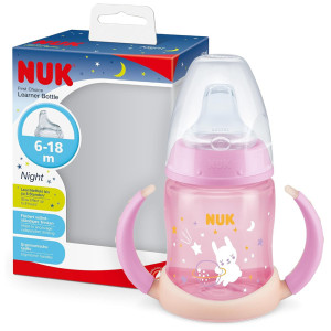 Nuk first choice butelka, kubek niekapek z uchwytami świecący w ciemności różowy